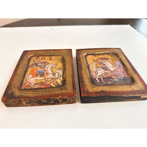 Vtg Saint George Slay the Dragon Horse Religious Art Wooden Wall Hangings Italia - Picture 6 of 10